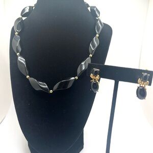 Vintage Trifari Black Lucite Necklace & Clip On Earrings Set